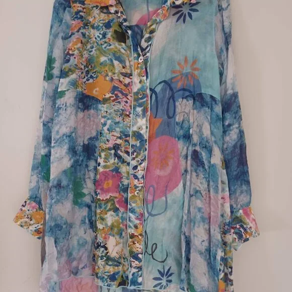 ohn Mark Women Small Sheer Tunic Blouse Abstract Floral Button Front Boho - Picture 4 of 7